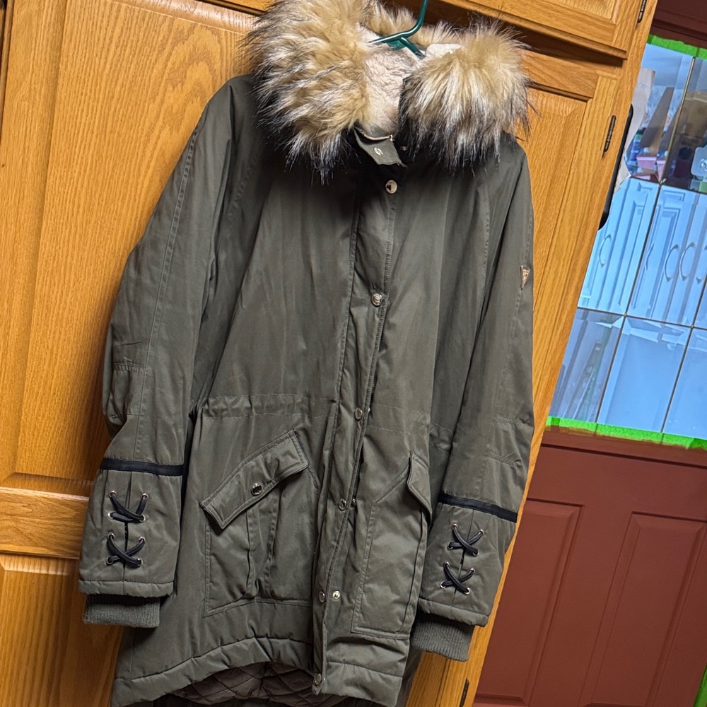 Guess by Marciano Khaki Puffer Jacket with Faux Fur Trim
